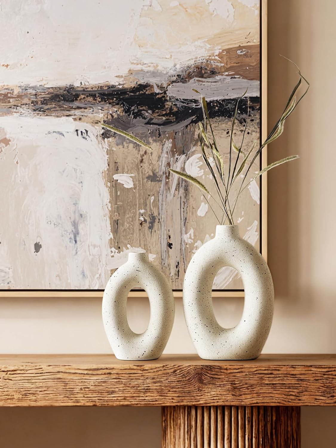 Ceramic Vases / Cream Hollow Donut Flower Vases / Warm Ivory / 10.5" + 8.5 / Set of 2