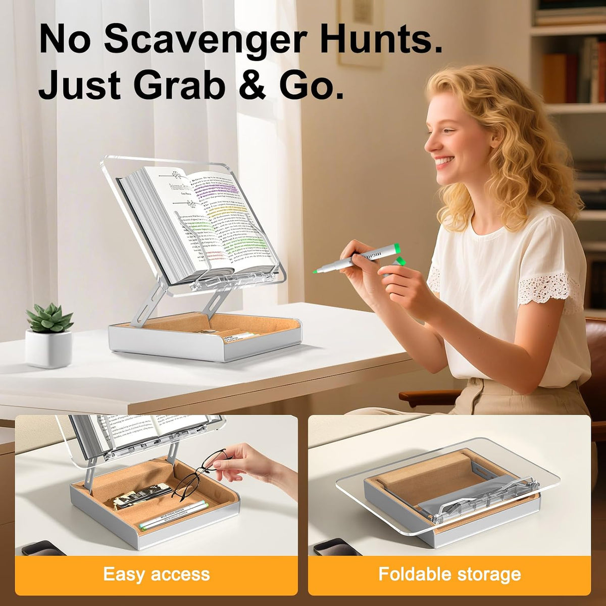 Book Stand with Storage, Book Holder for Reading Hands Free | Wooden Cookbook Stand for Kitchen Counter, Adjustable