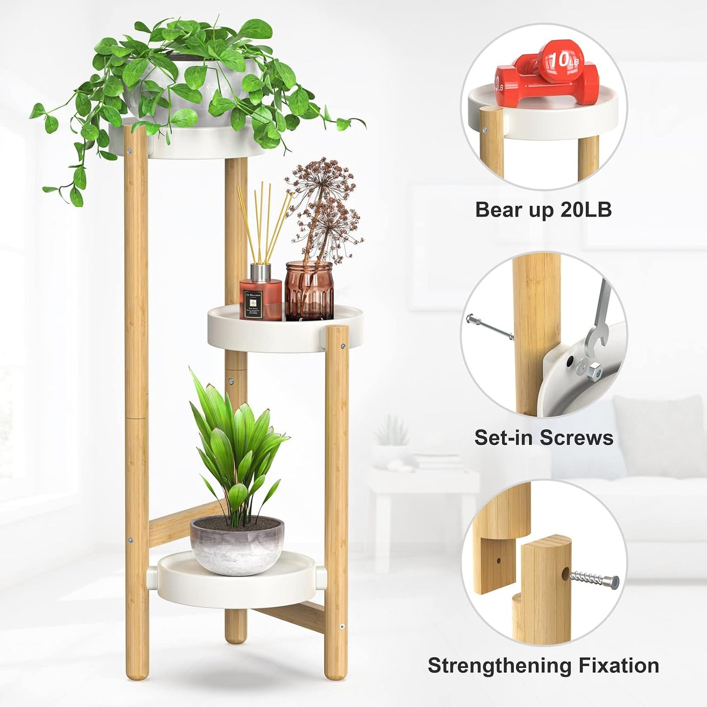 3 Tier Plant Stand Indoor, Tall Bamboo Corner Shelf for Multiple Plants | Narrow 3-Tier Display, Easy-Clean