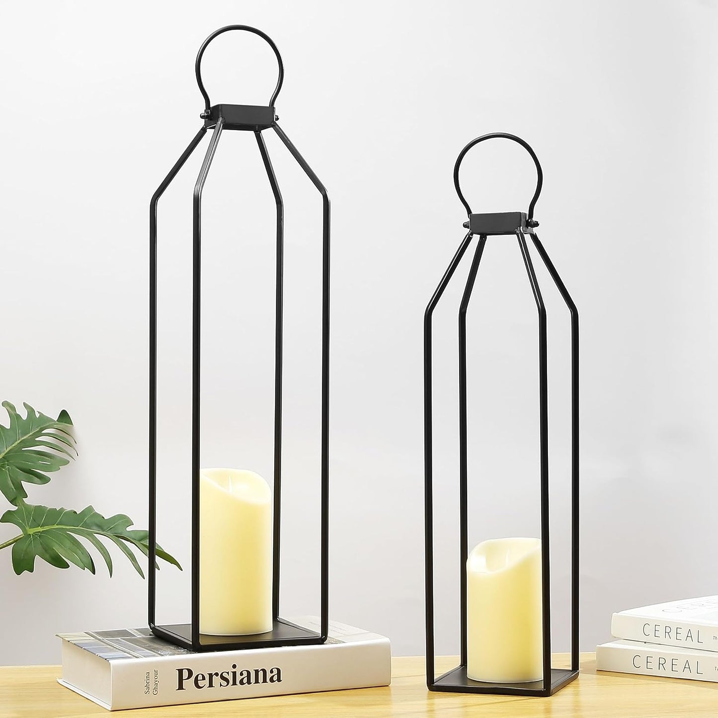 Perfnique Modern Farmhouse Lantern Decor, 19.7'' 22'' Set of 2 Black Metal Lanterns, 2 LED 6hr Timer Flickering