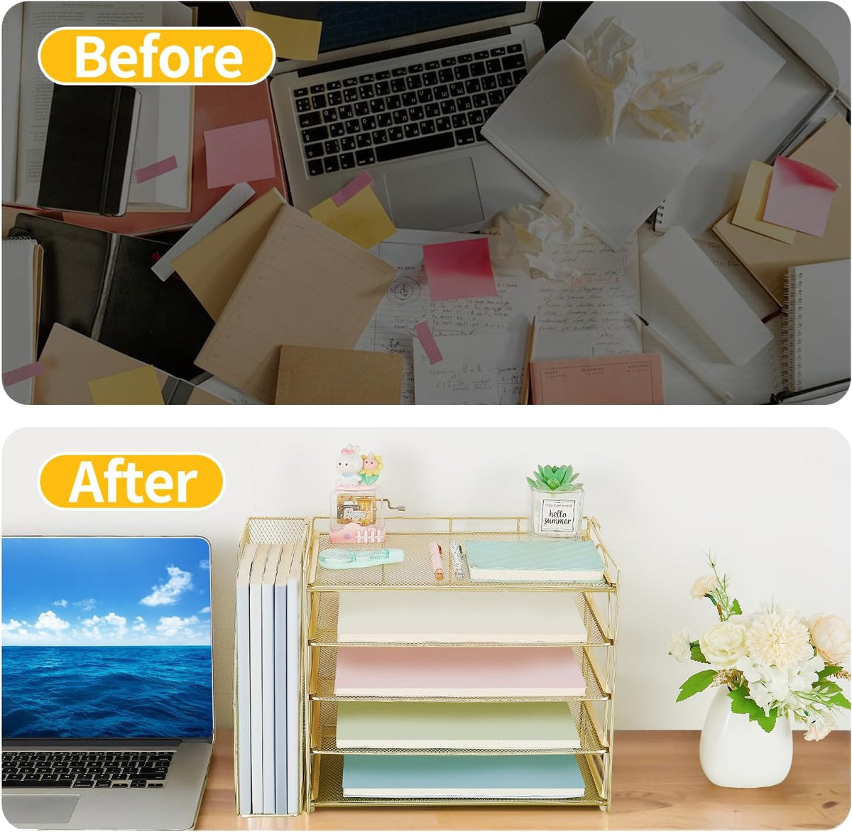 AUPSEN Gold Desk Organizers and Accessories, 5-Tier Desktop Paper File Organizer with Removable File Holder, Desk