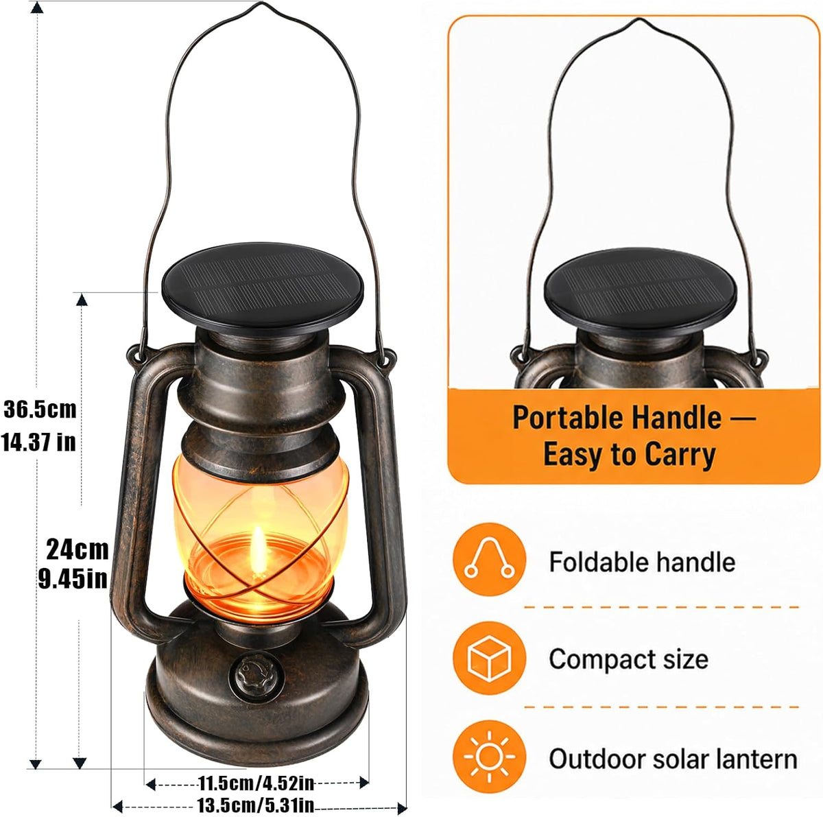 2 Pack Vintage Hanging Solar Lanterns Outdoor, IP65 Waterproof | 2 Modes (Steady & Flickering), Auto On/Off - Rustic