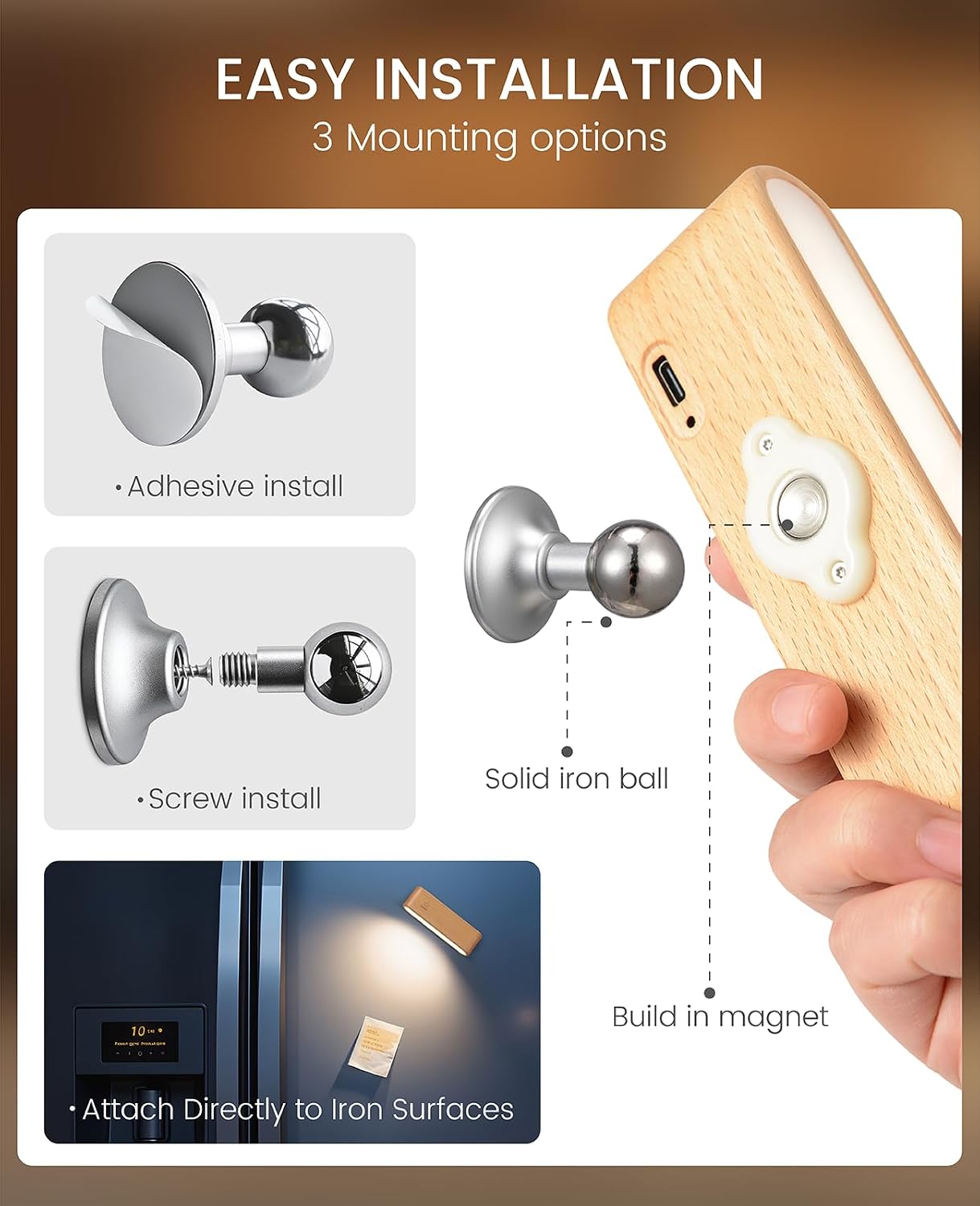 Wood Wall Sconce, Rechargeable Reading Light, Magnetic Bedside Lamp | Touch Control Reading Light for Headboard, 360°