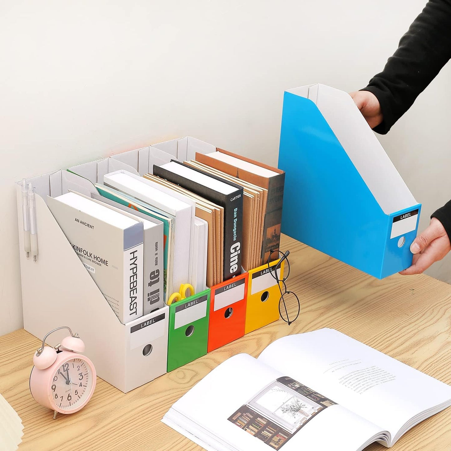Foldable Desk File Holder Organizer Sturdy Cardboard Magazine Storage Box Document Rack with Blank Label Stickers for