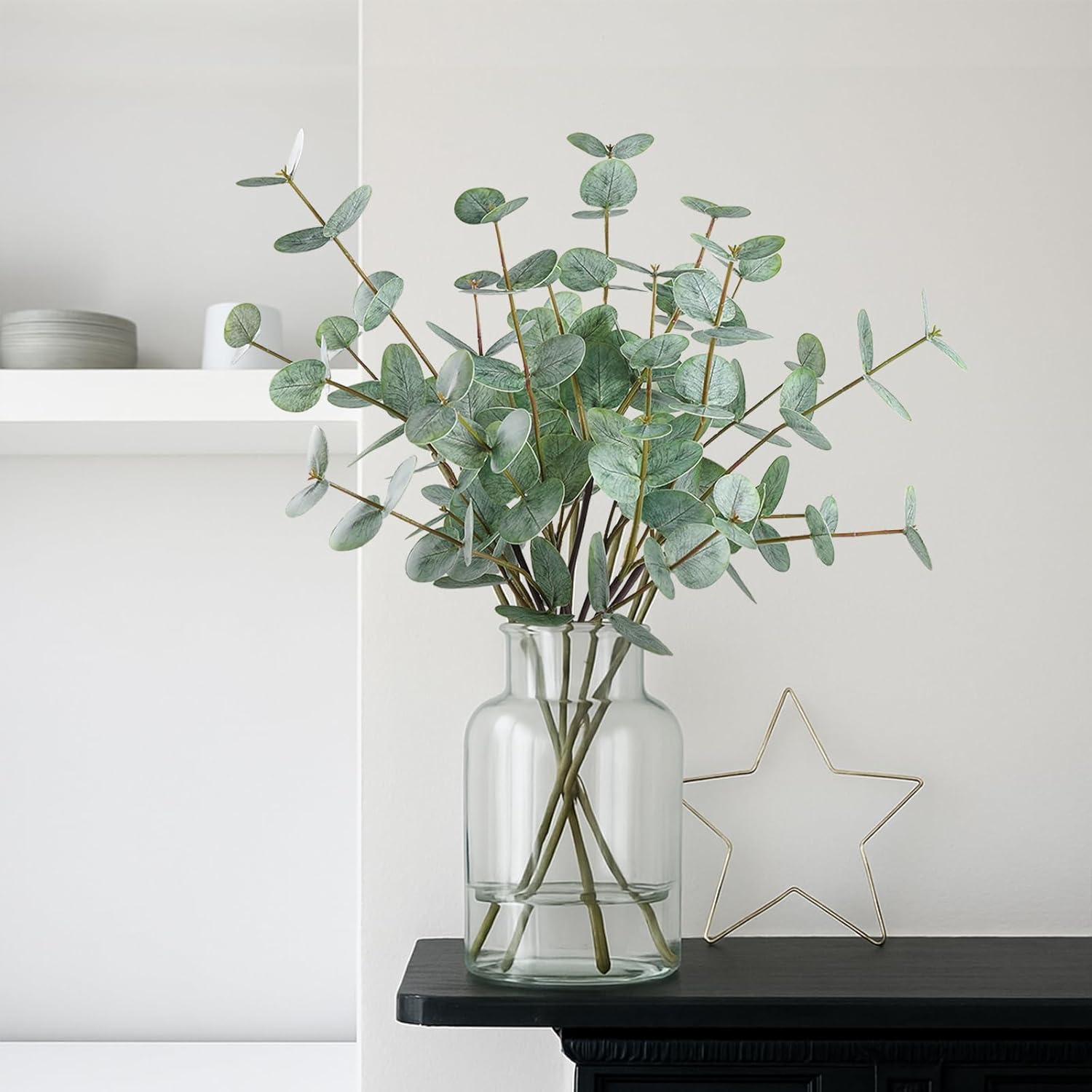 Real Touch Artificial Faux Eucalyptus Stems Dual-Sided Lifelike Leaves Fake / Gray Green / Set of 6