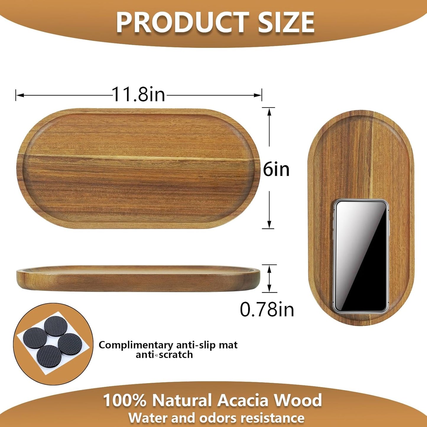 Small Acacia Wooden Tray Rustic Wood Serving Trays Bulk Boards Oval / 11.8 x 6 x 0.8 / Set of 2