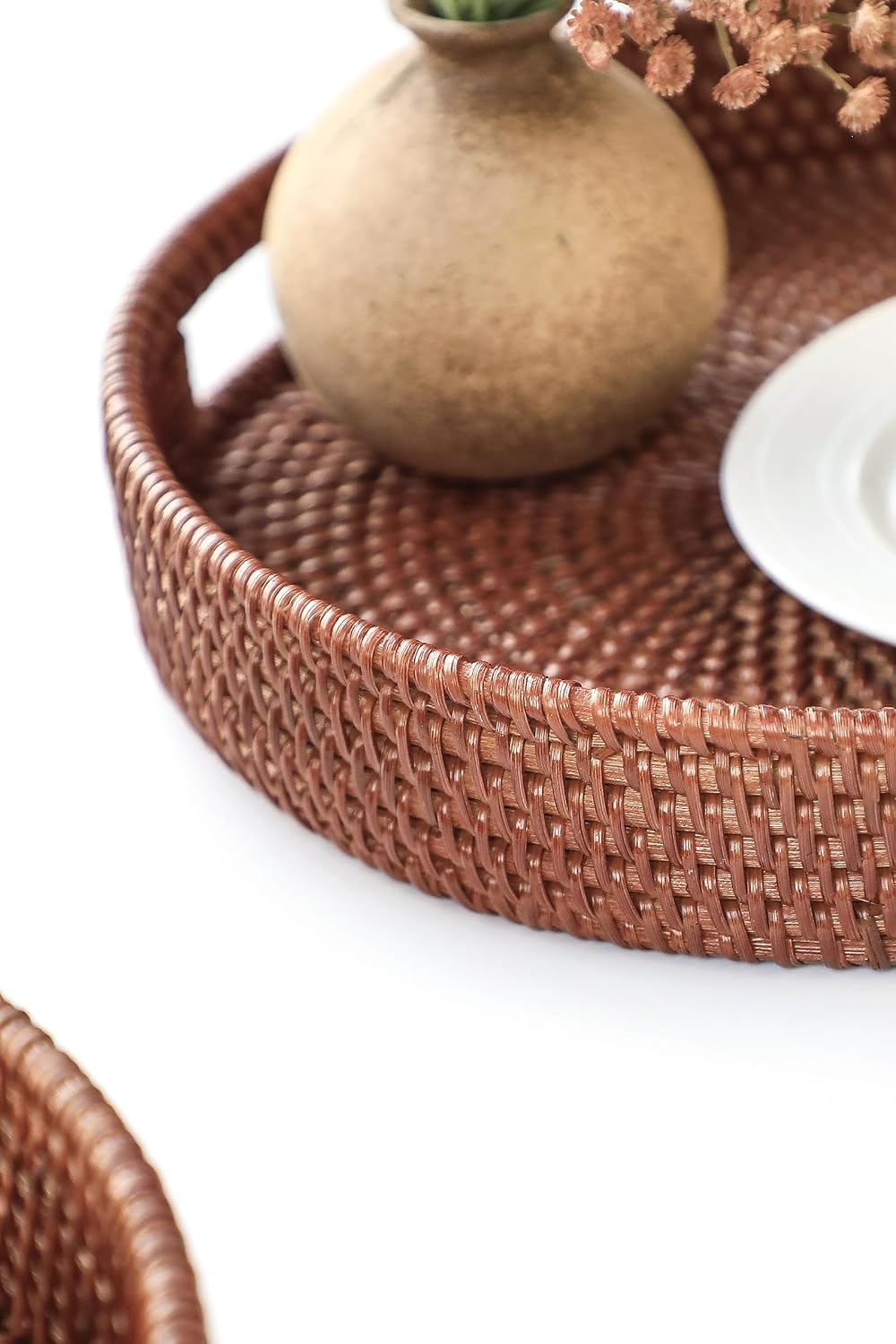 11.8" Hand-Woven Round Rattan Serving Tray Decorative Wicker Trays / Medium / Brown