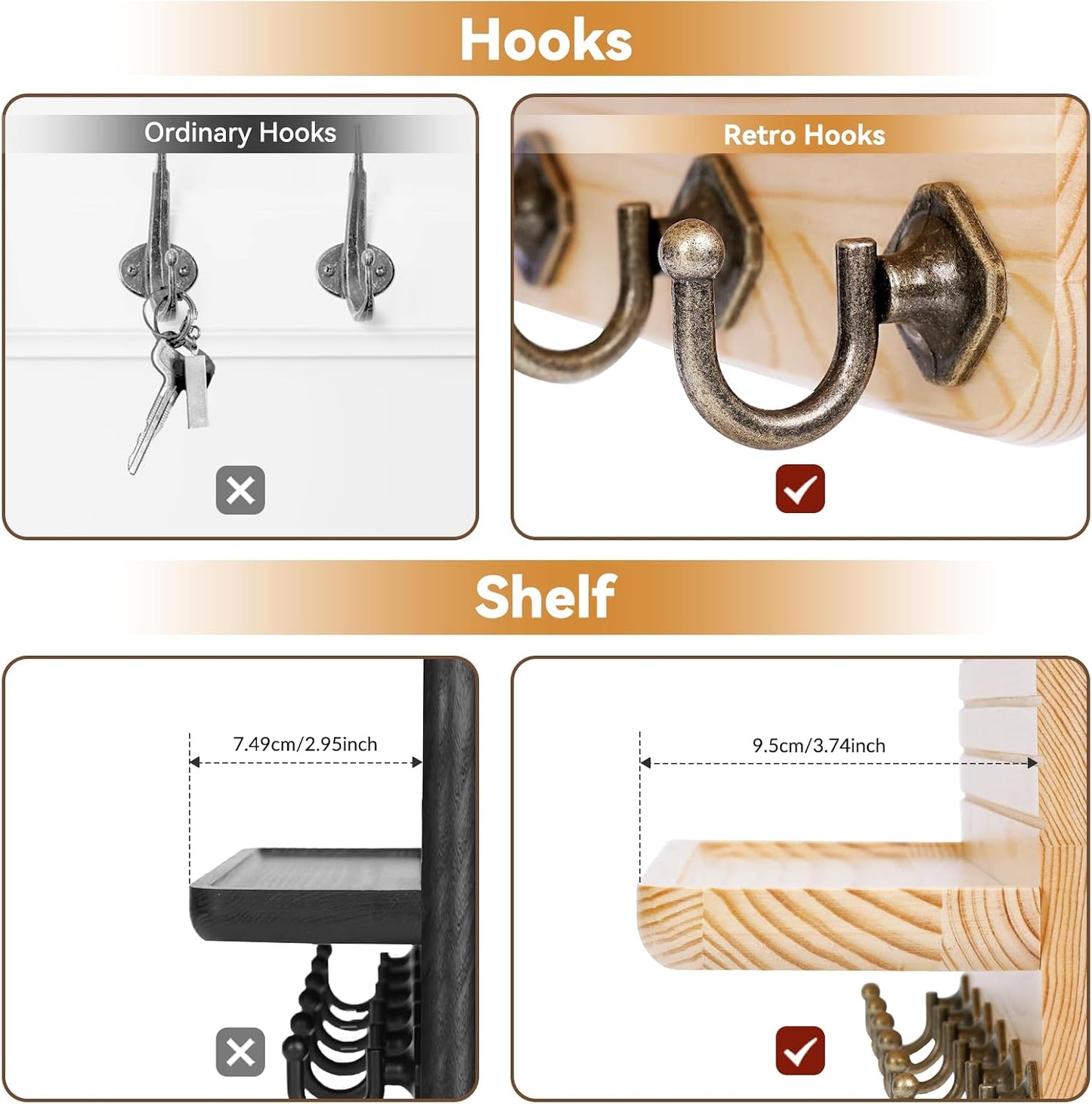 6 Hooks Wooden Hanging Key Rack / Wood Color