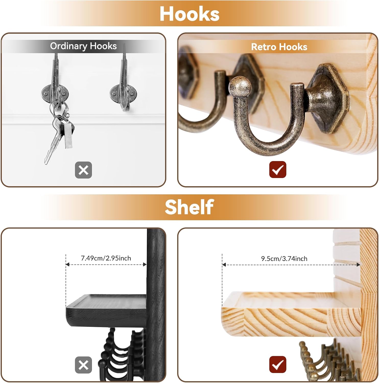 6 Hooks Wooden Hanging Key Rack / Wood Color