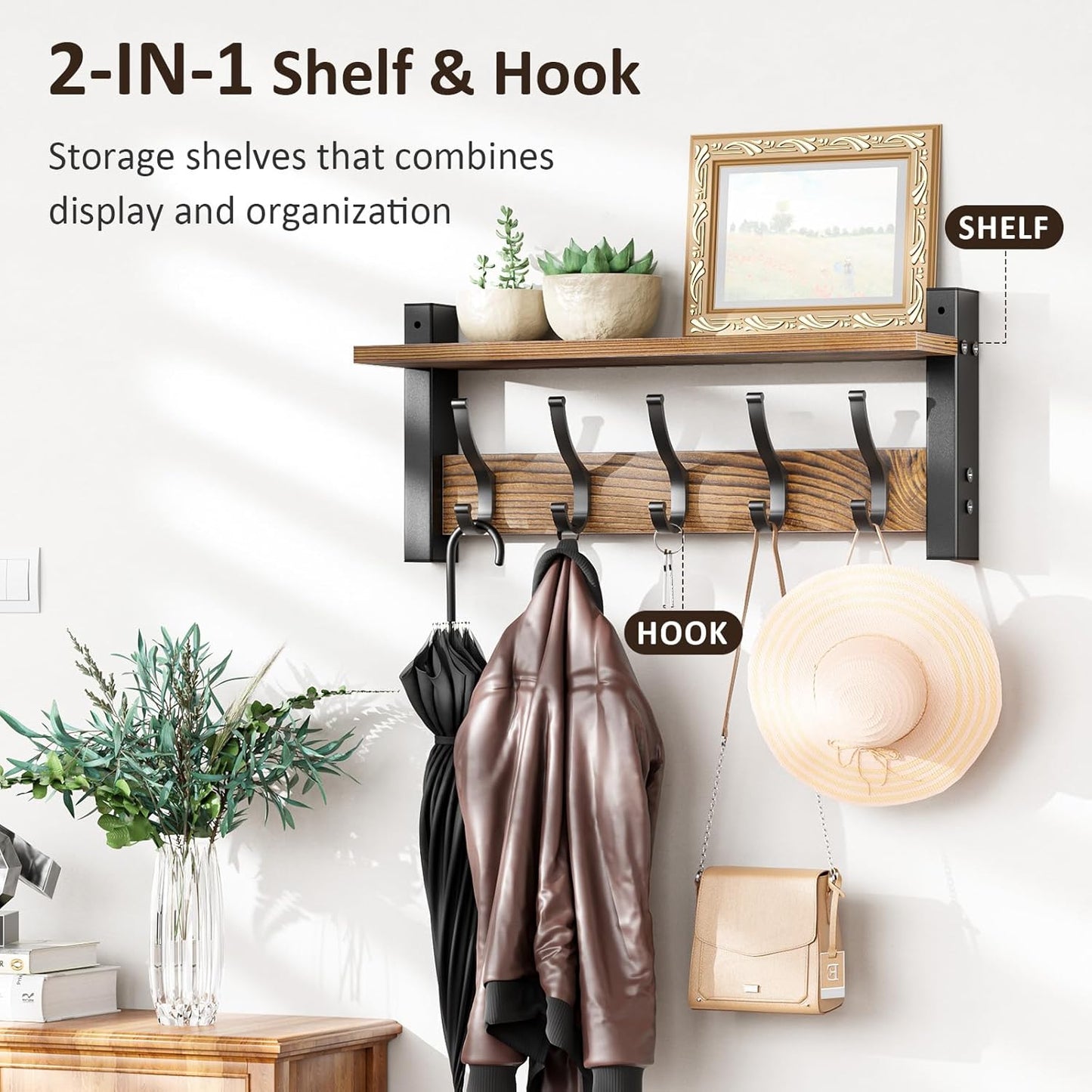 Hat Rack / Coat Rack Wall Mount / Brown / 17.1 Inch