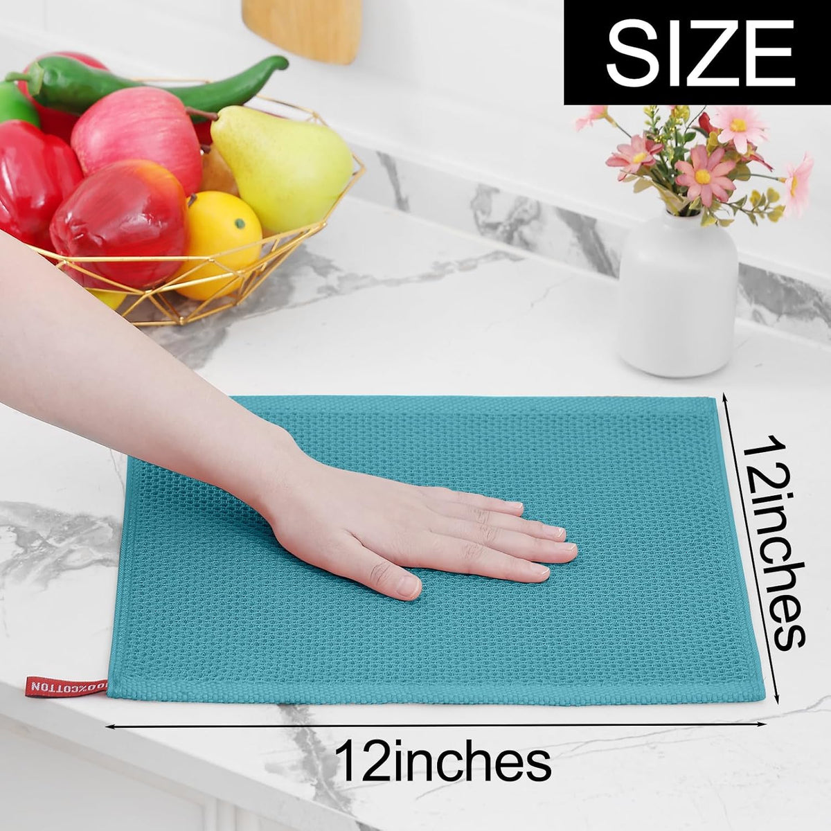 Homaxy 100% Cotton Waffle Weave Kitchen Dish Cloths 12-Pack, Lake Blue | 12 x 12 Inches, Ultra Soft Absorbent Dish