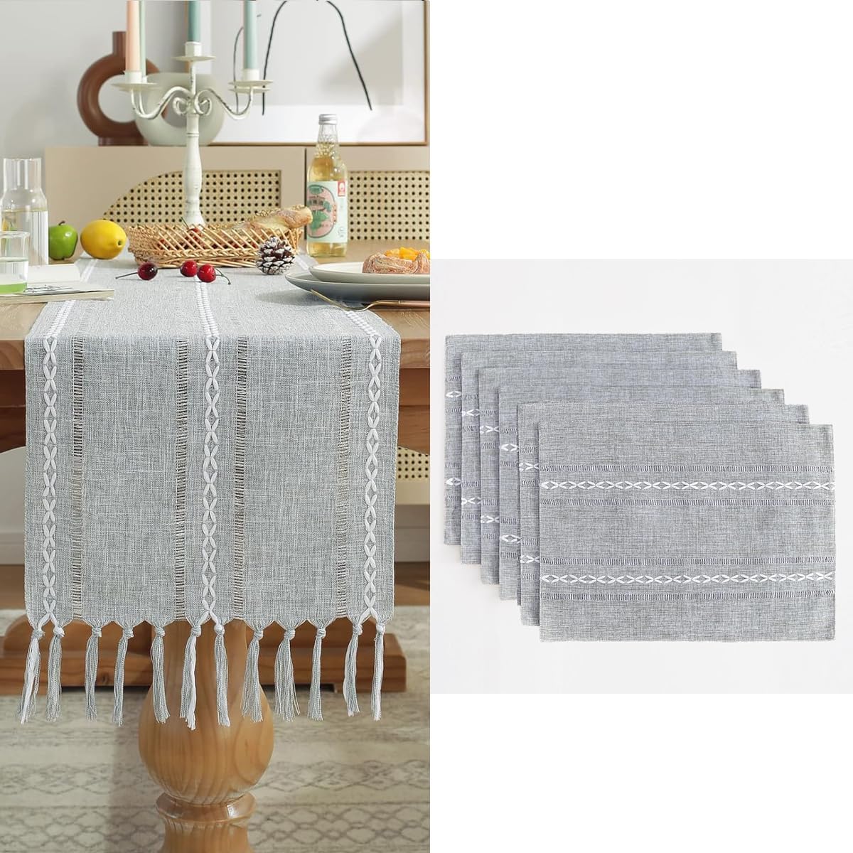 Wracra Cotton Linen Place Mats, Grey Embroidered Placemats Set of 8 | Placemats 12 x 18 Inch; Cotton Linen Woven