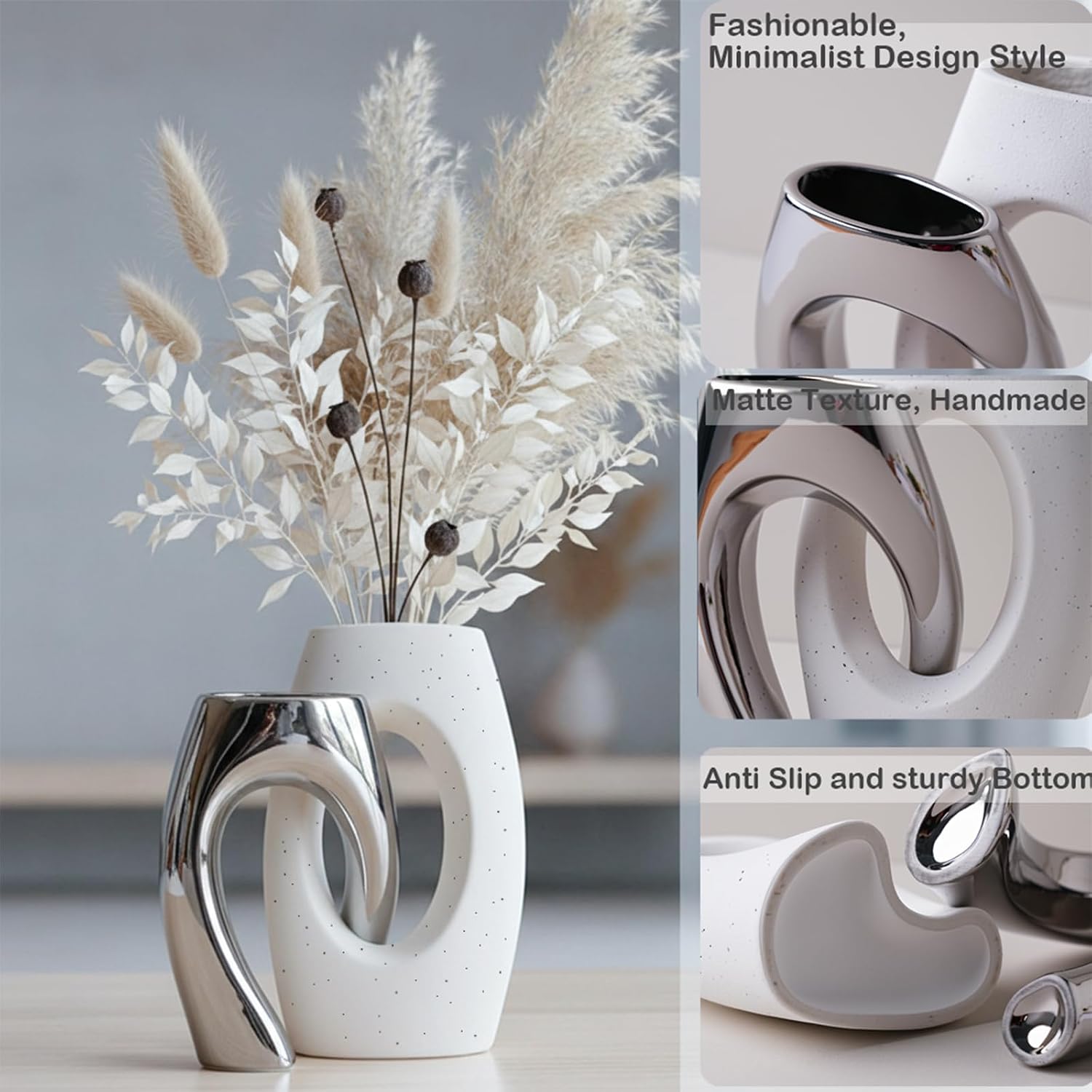Ceramic Vase by / White&silver / Set of 2