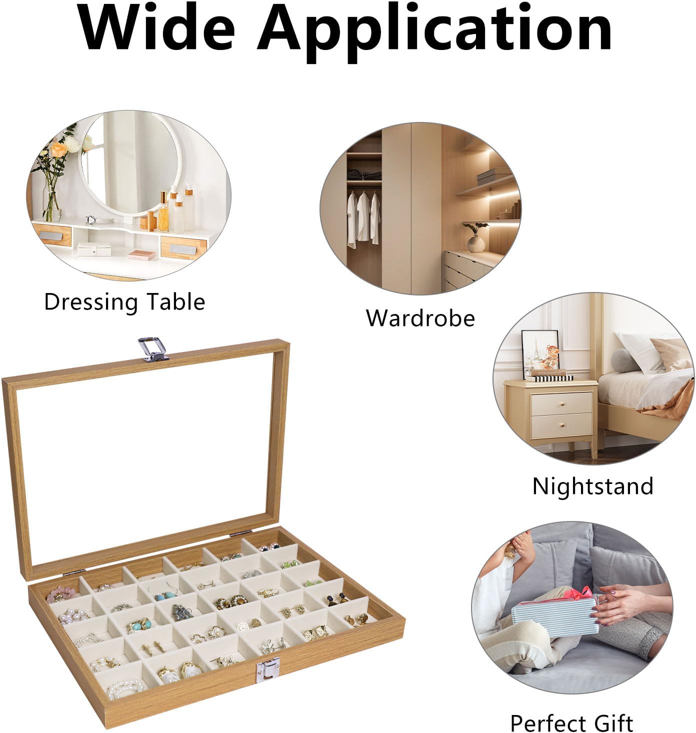30 Grid Wood Jewelry Organizer / Beige / Set of 30