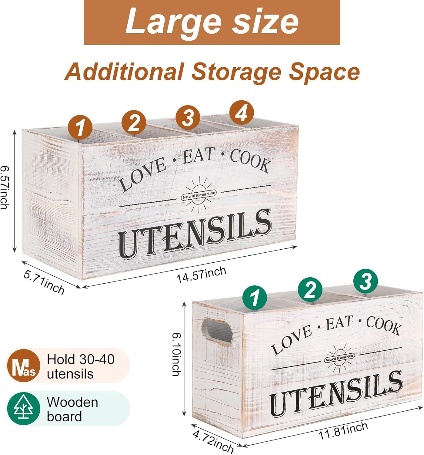 2 PC Wooden Utensil Holder,（With 4-Compartments size*1 + 3-Compartments size*1） Extra Large Kitchen Counter,Cooking
