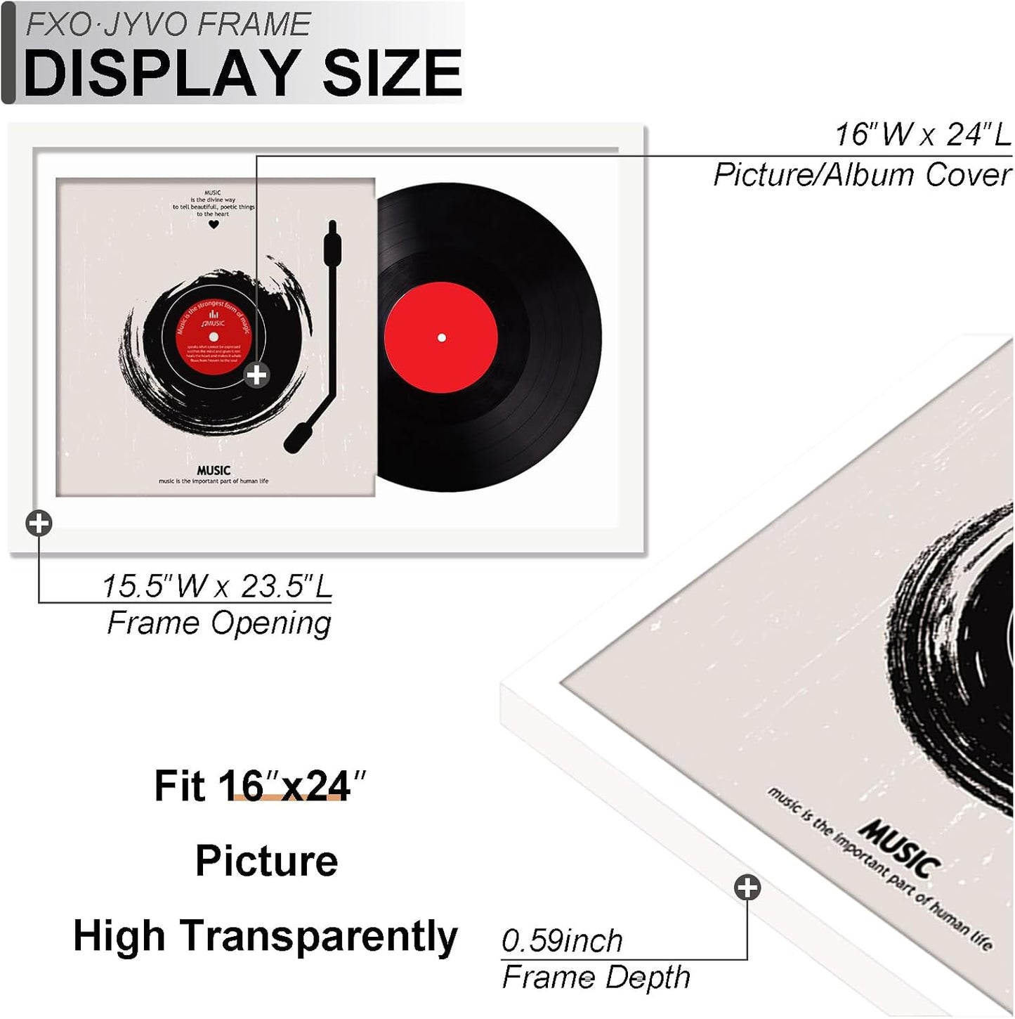 Vinyl Record Frame Display for 12 inch LP with 12.5x12.5 Album Cover | White 16x24 Frame Light Weight with High-Clarity