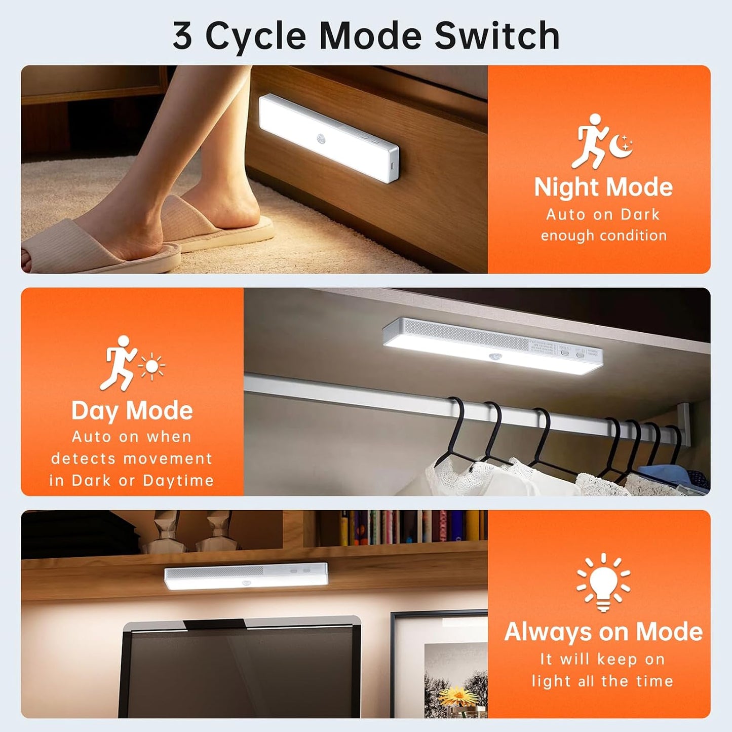 LED Closet Light, 6 Pcs 30LEDs Dimmer Rechargeable Motion Sensor Under Cabinet Lighting, Stick-Anywhere Night Safe