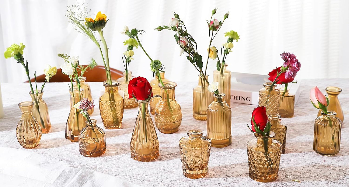 Glass Bud Vases- Set Small Vases for Flowers / Amber Gold / Set of 20