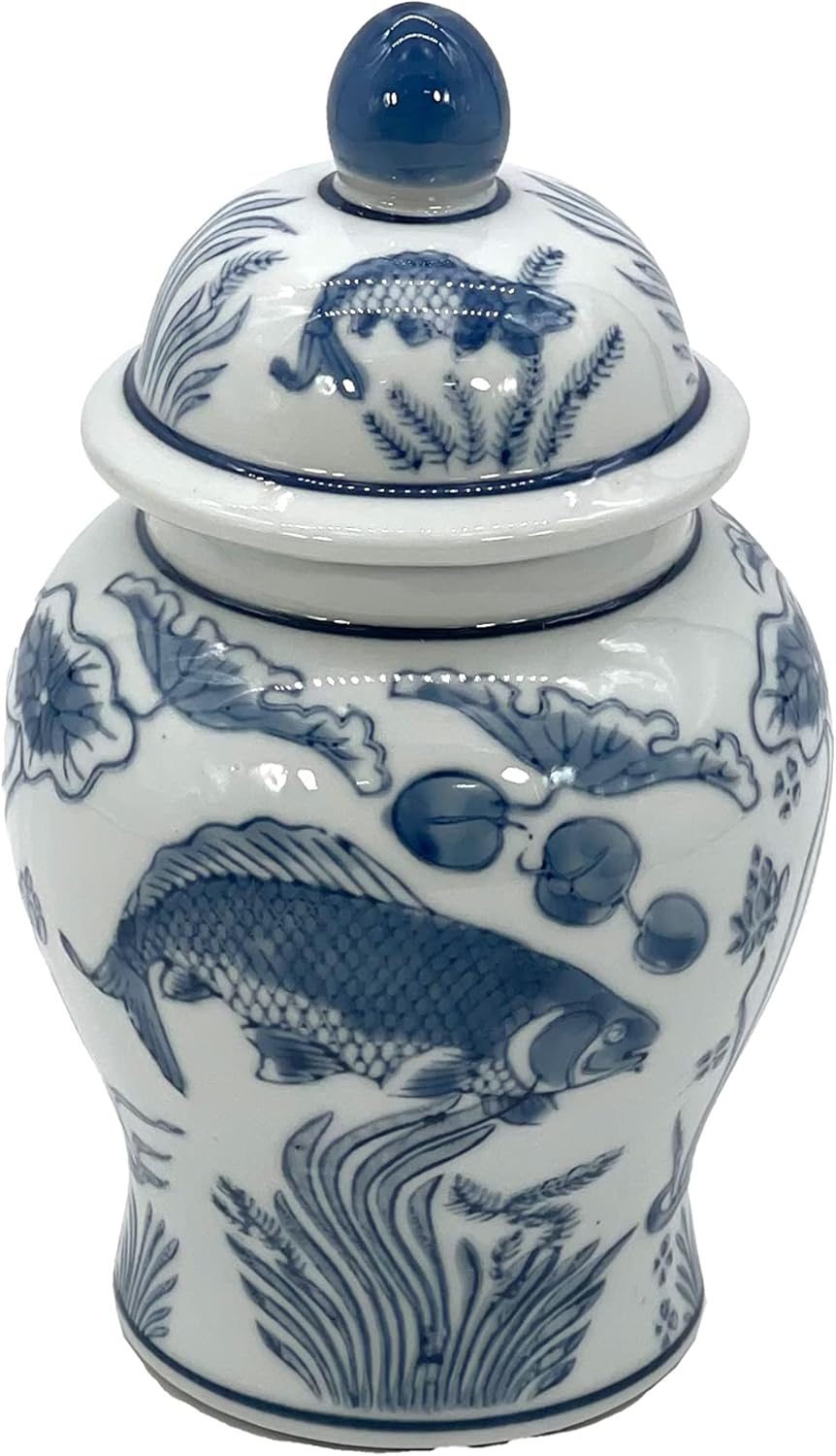 8" Ceramic Ginger Jar w/Lid / Slate Blue & White Koi