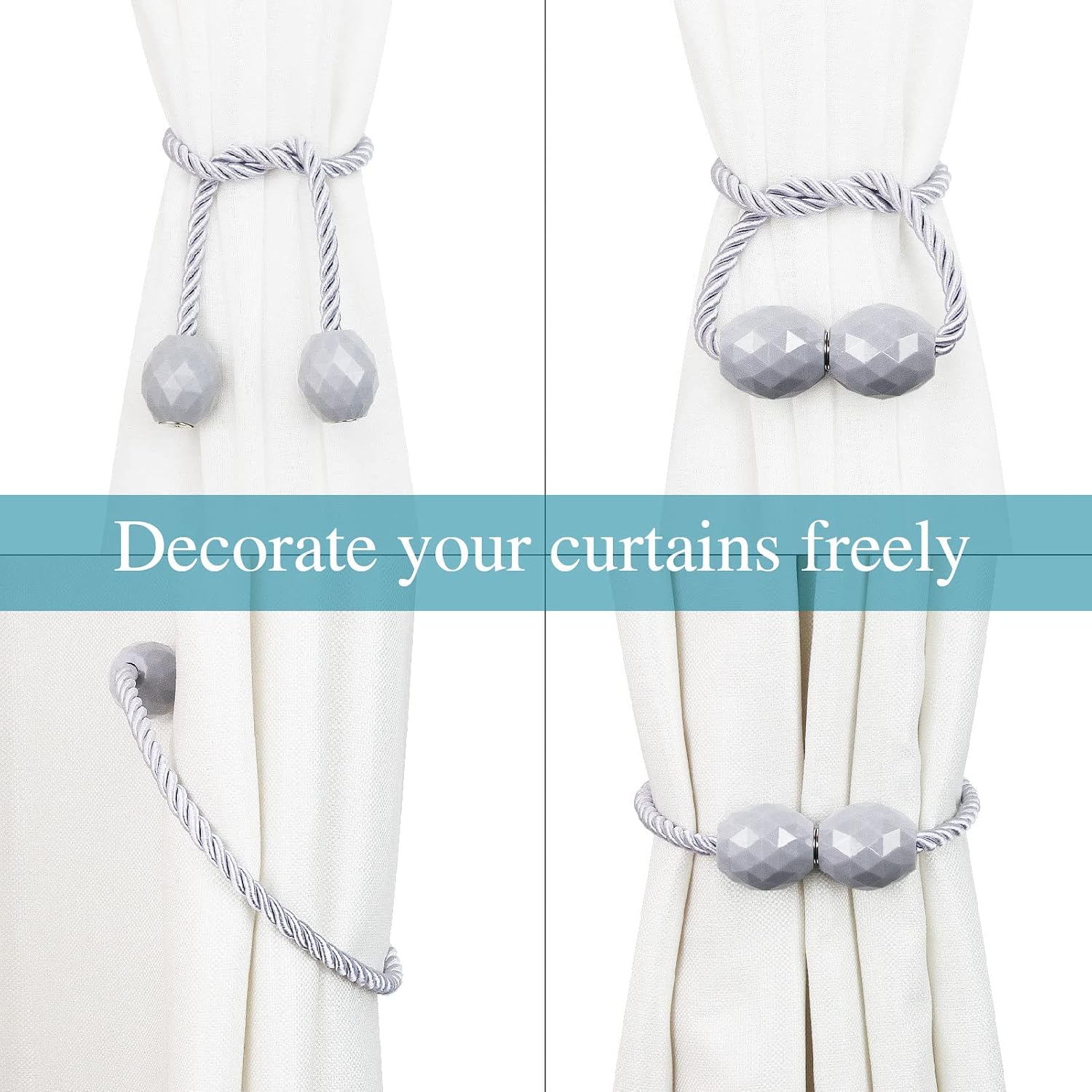 Strong Magnetic Curtain Tiebacks Decorative Rope Tie Backs Holdbacks Porlau | 6 Pack Light grey Outdoor Curtain Rope