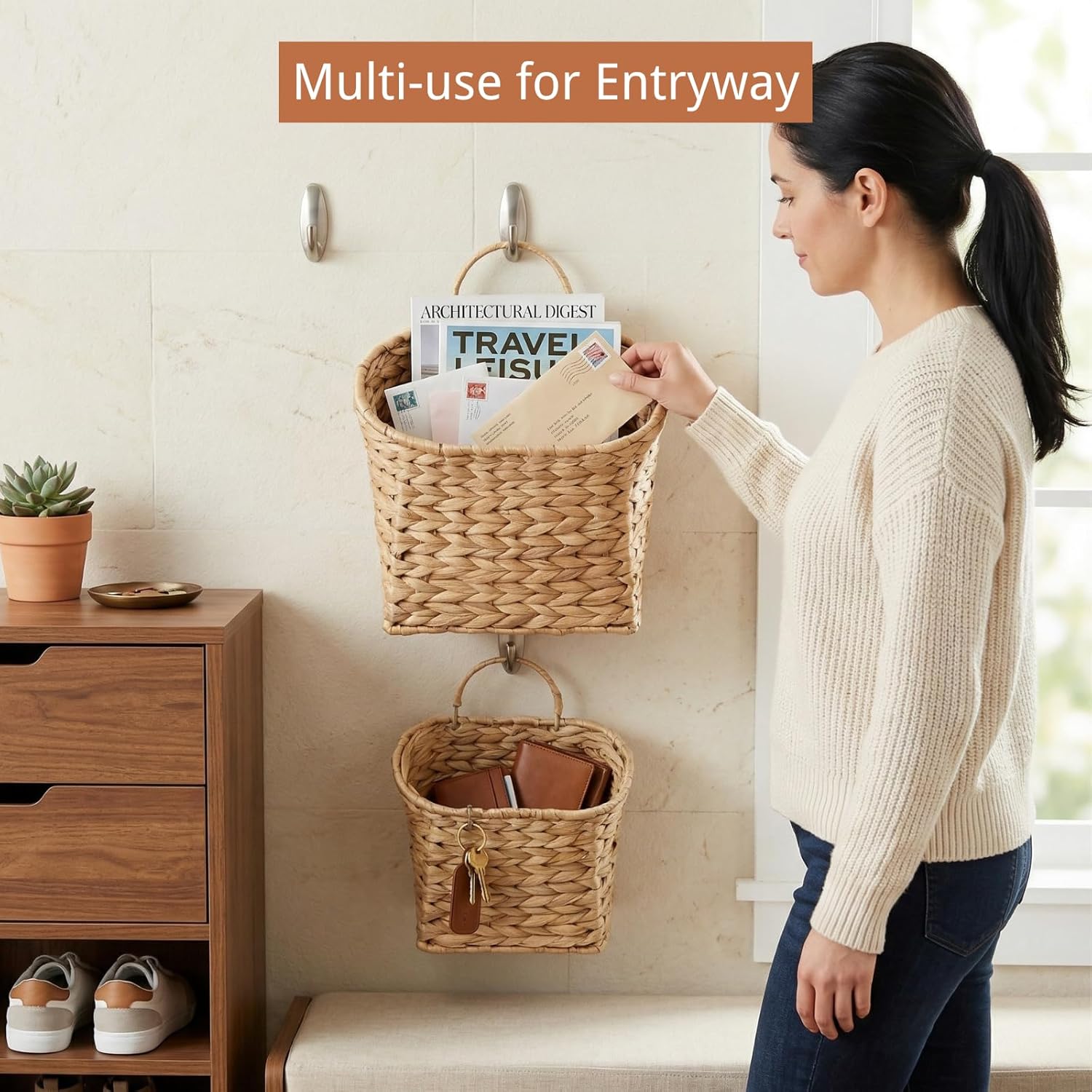 Wicker Wall Basket for Door / Water Hyacinth / Natural / Set of 2
