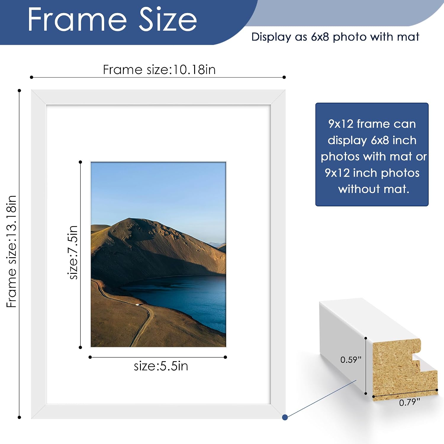 9x12 Picture Frame Set of 6, Wall or Tabletop Display, White | Display Pictures 6x8 with Mat or 9x12 Without Mat