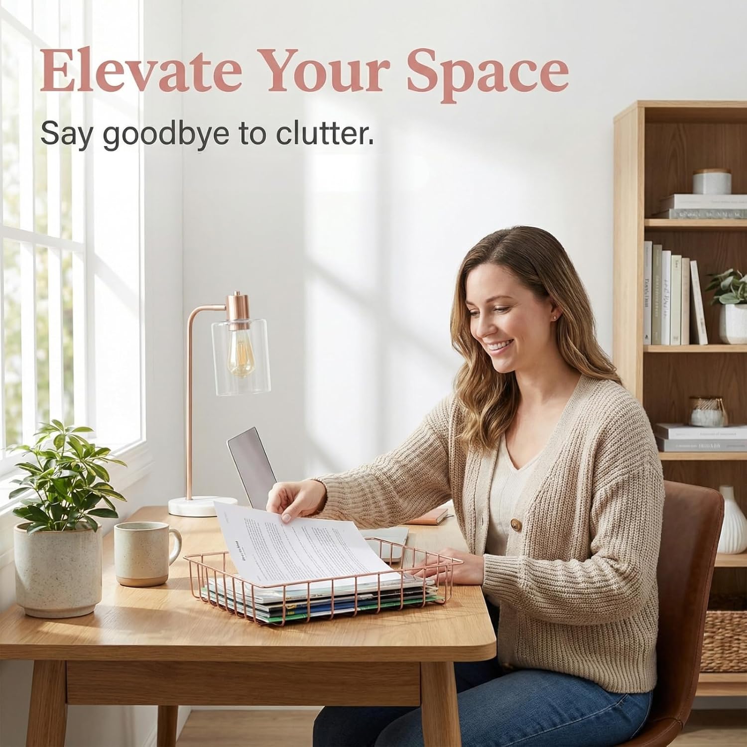 Okllen 3 Pack Wire File Tray, Rose Gold Desk Paper Letter Tray, Magazine Files Storage Basket Organizer Bin for Office