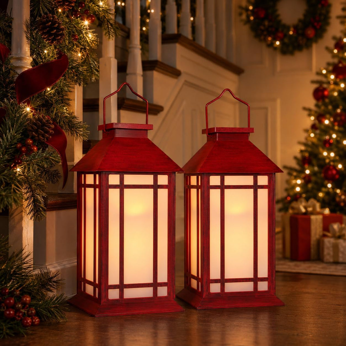 Bdor 13 Inch Christmas Outdoor Decorative Lanterns with Candle Timer 2 Pack | Battery powered convenience, cozy