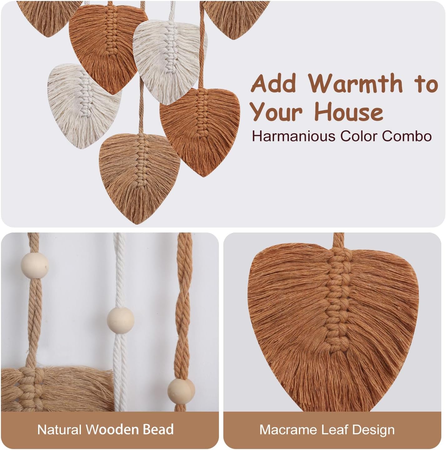 Boho Wall Decor Woven Feather Handmade Yarn Tassels Leaf Macrame Wall Art / Brown