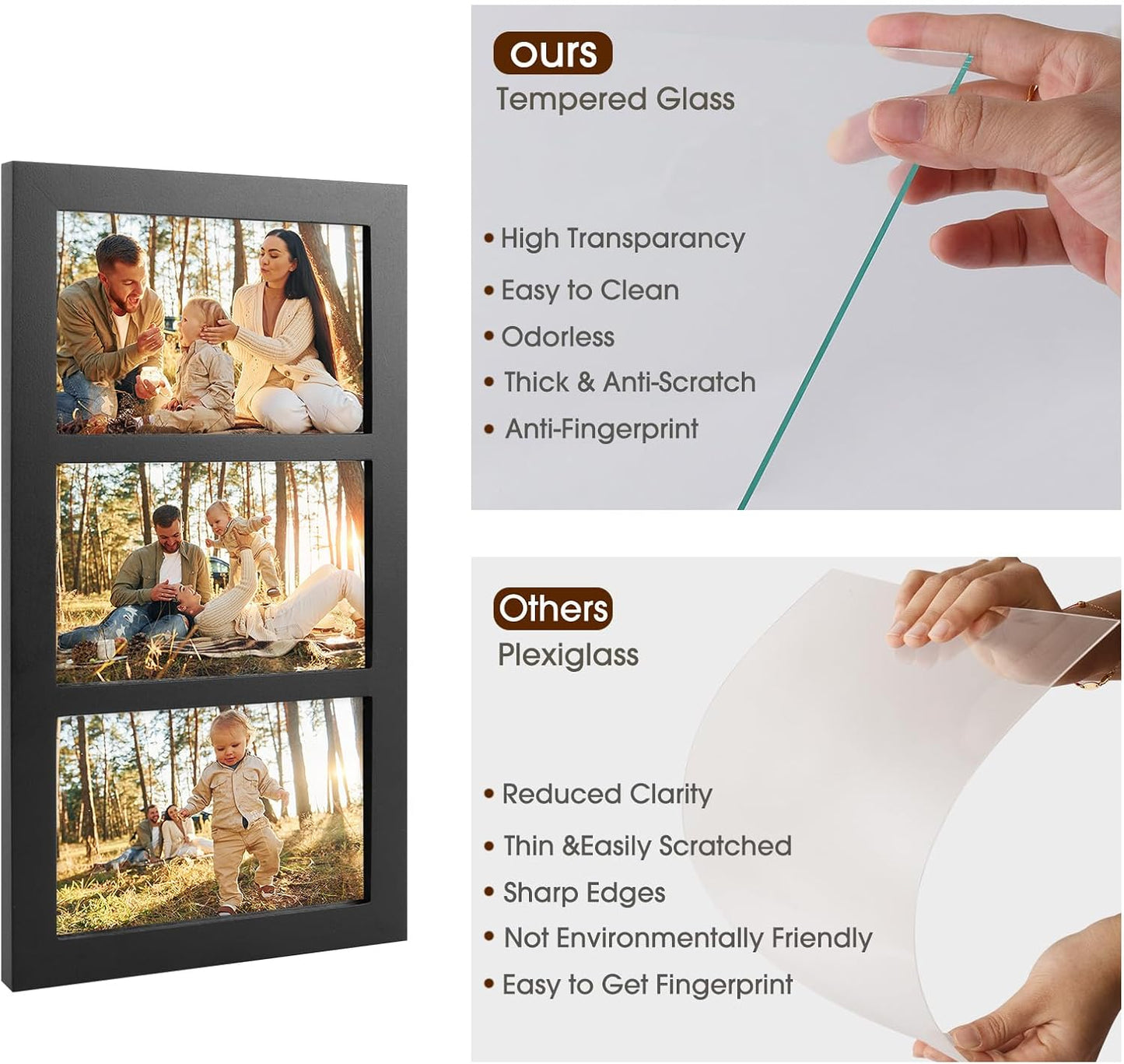 Picture Frame / Real Glass for Tabletop Or Wall Mounting / 4 x 6 / 3 Openings / Black