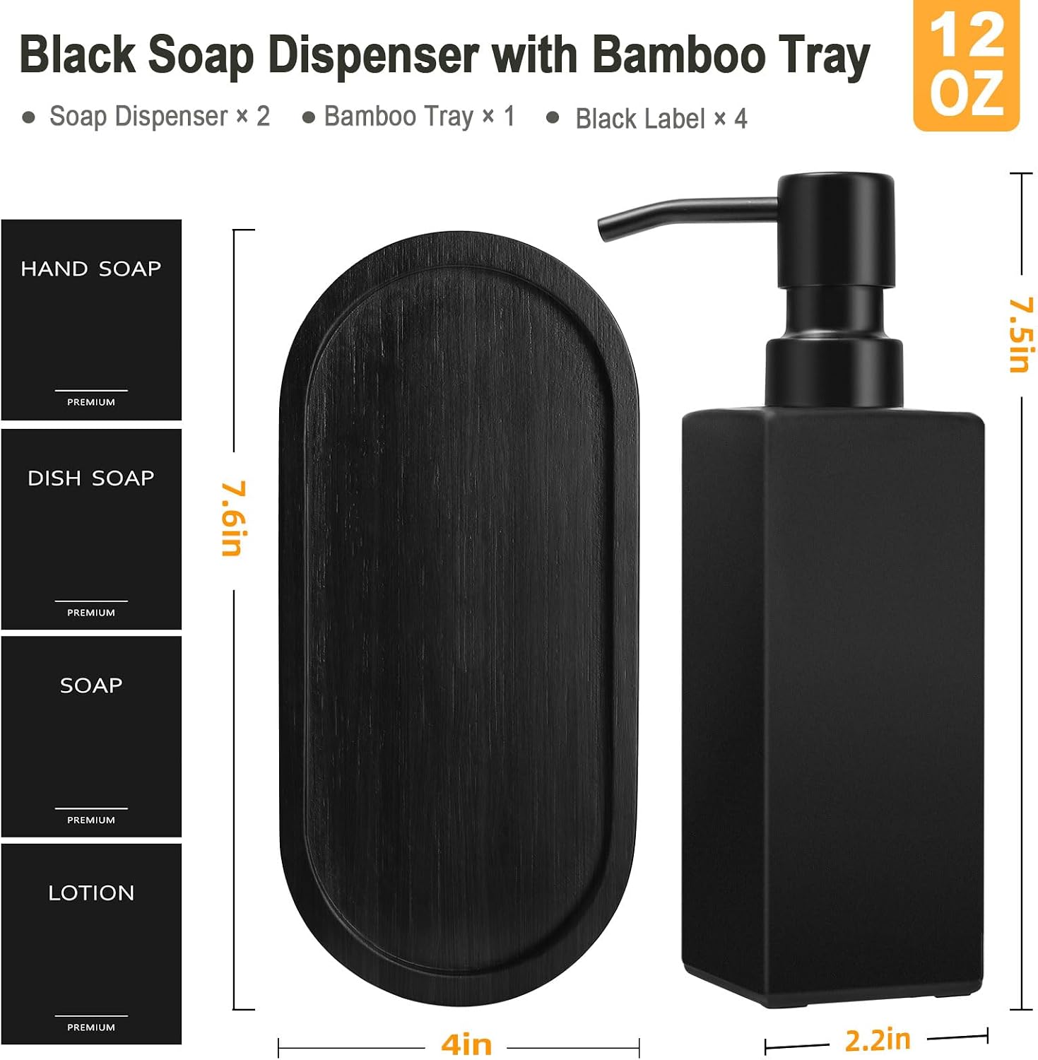 GMISUN Kitchen Soap Dispenser Set, Hand and Dish Soap Dispensers Set, Black Liquid Soap Dispenser with Tray, Refillable