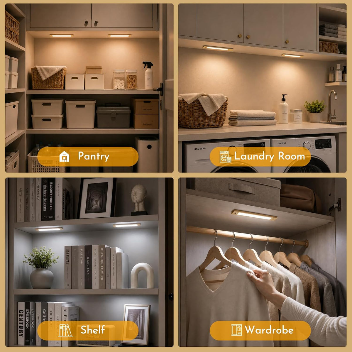V4light Motion Sensor Cabinet Light, Rechargeable, Dimmable, 4Pcs, 9in | Gold aluminum, magnetic wireless, 1800mAh, 3