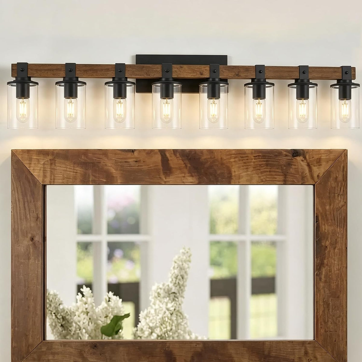 8-Light Farmhouse Vanity Light Fixture, Bathroom Wood Wall Light Over Mirror with Clear Glass Shade, Rustic Vintage
