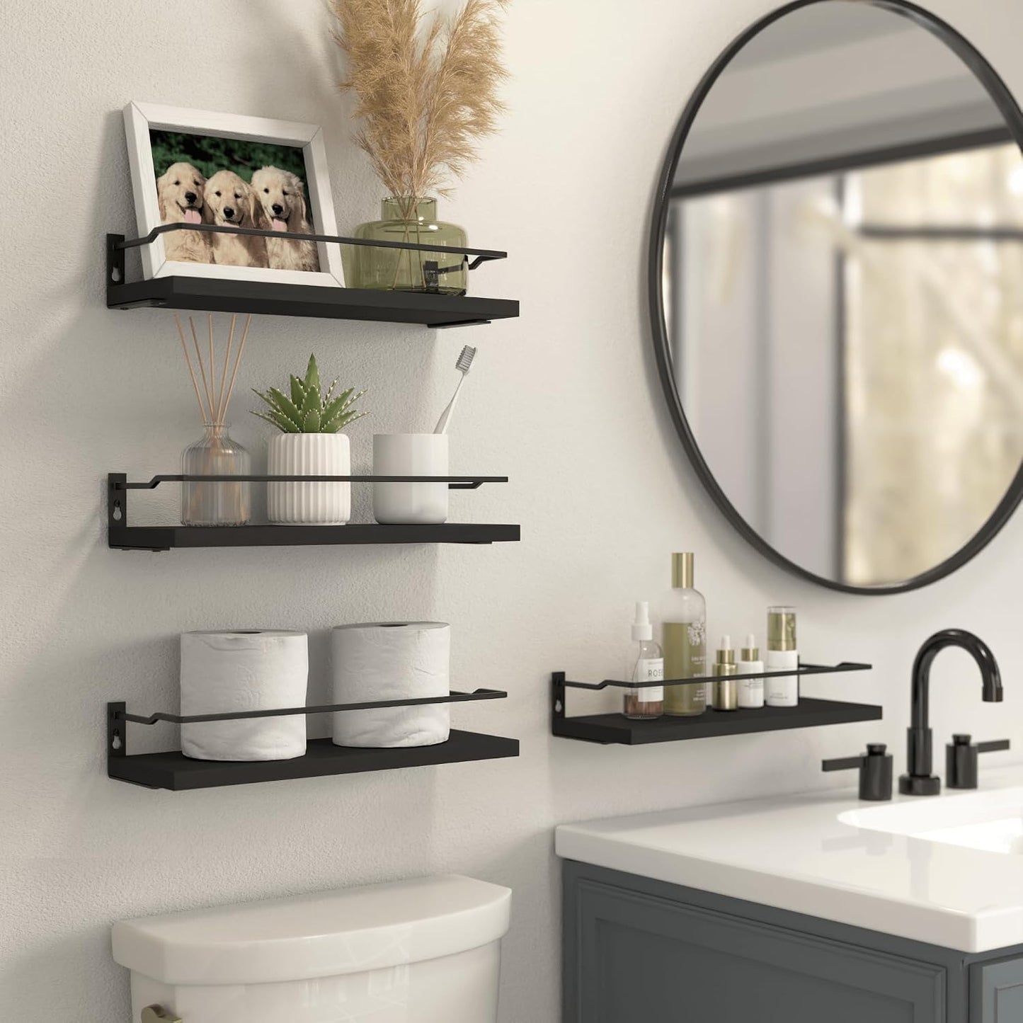 RICHER HOUSE Floating Shelves Bathroom, Small Wall Shelf Over Toilet 4 Set | Wall Mounted Shelves Decor for Bathroom