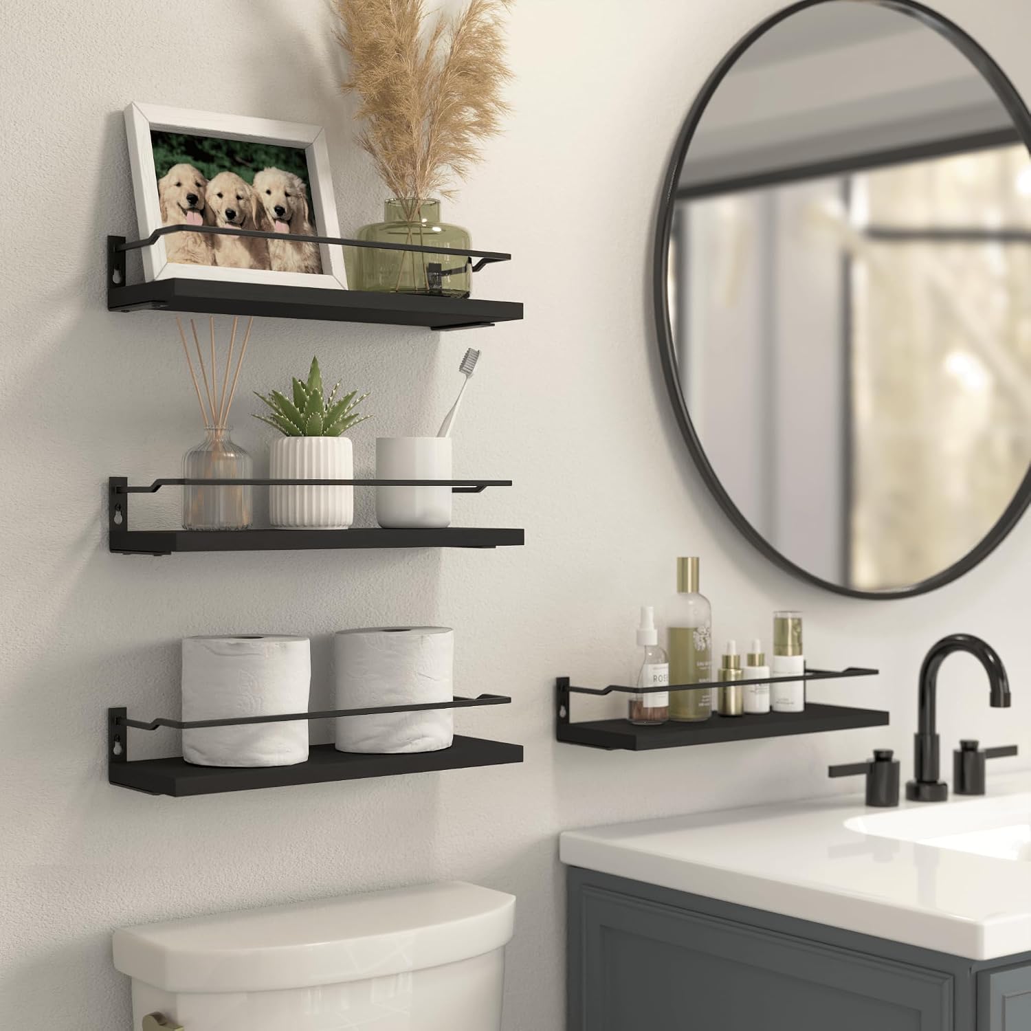 RICHER HOUSE Floating Shelves Bathroom, Small Wall Shelf Over Toilet 4 Set | Wall Mounted Shelves Decor for Bathroom