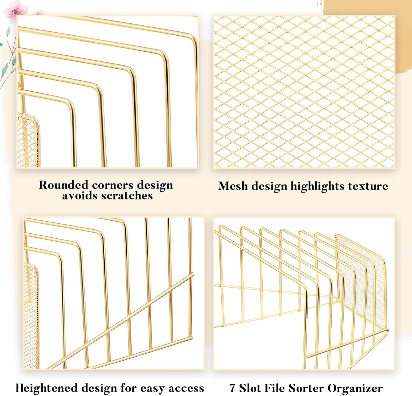 2 Pcs 7 Section Wire File Organizer for Desk, Metal Mesh Incline File Holder, Letter & Magazine Folder Rack, Desktop