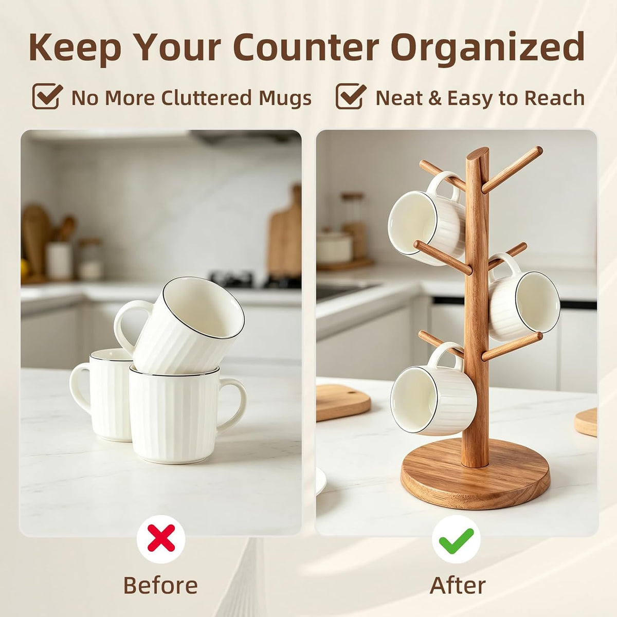 Large Acacia Wood Mug Holder Tree for Countertop | 6-Hook Coffee Mug Rack for Large & Tall Mugs, Wooden Coffee Cup