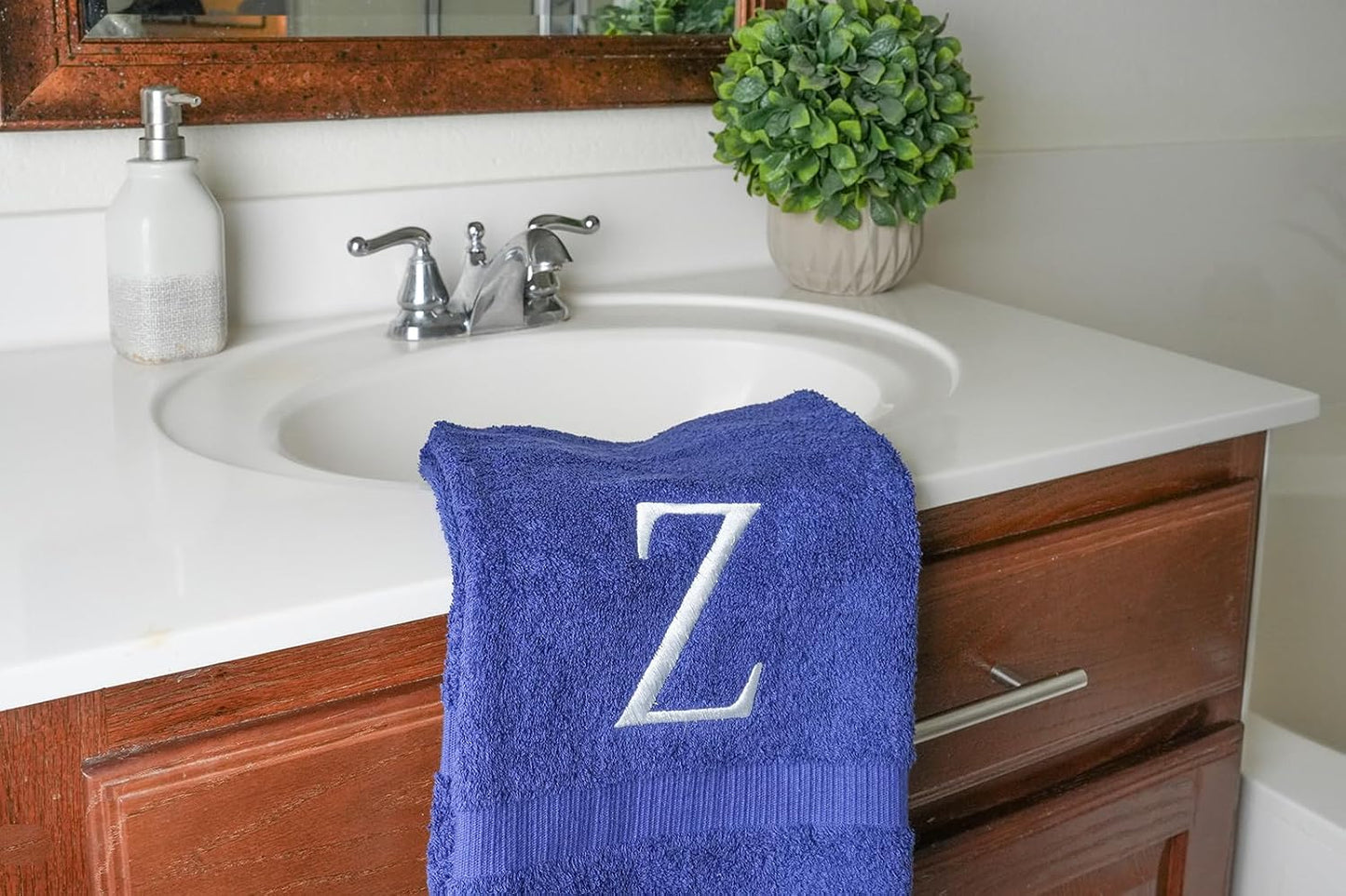 Navy with White Monogrammed Hand Towels for Bathroom - Set of 2 Letter Z | Luxury Hotel Quality Initial Towels For