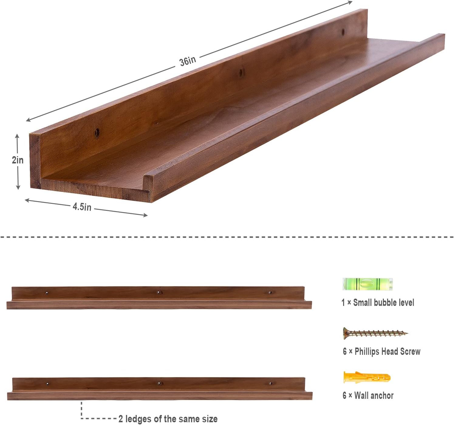 AZSKY Light Walnut Color Wood Wall Floating Shelves for Wall 36 Inch Bookshelf Wall Mount Picture Photo Frames Display