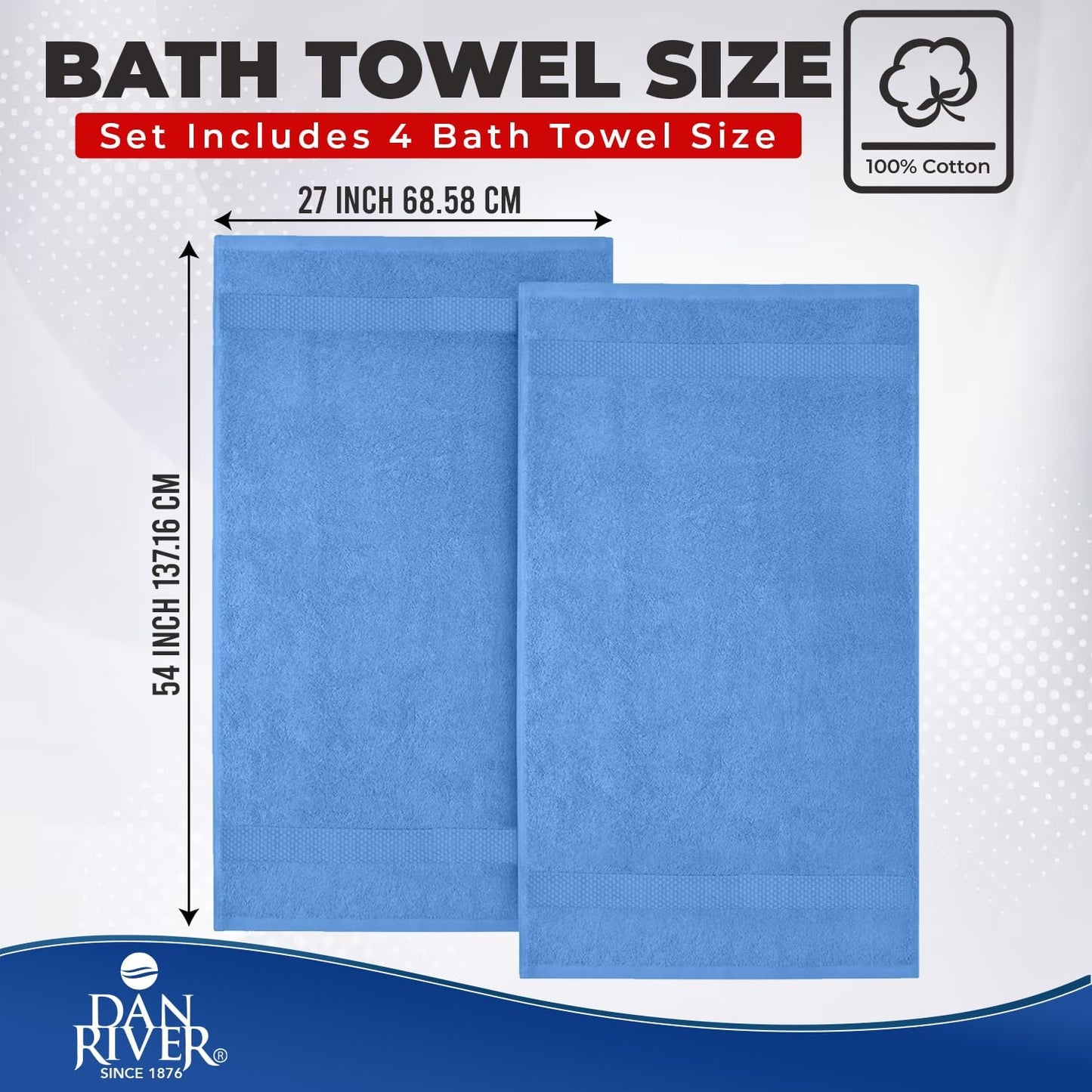 DAN RIVER 600 GSM Cotton Large Bath Towels Set of 4, 27 x 54 Inches, M-Blue | Larger & Lighter Weight Towels for
