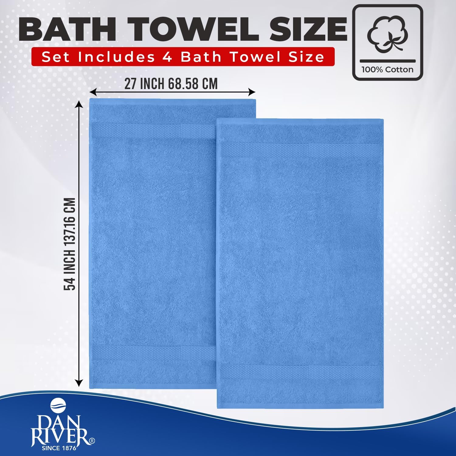 DAN RIVER 600 GSM Cotton Large Bath Towels Set of 4, 27 x 54 Inches, M-Blue | Larger & Lighter Weight Towels for