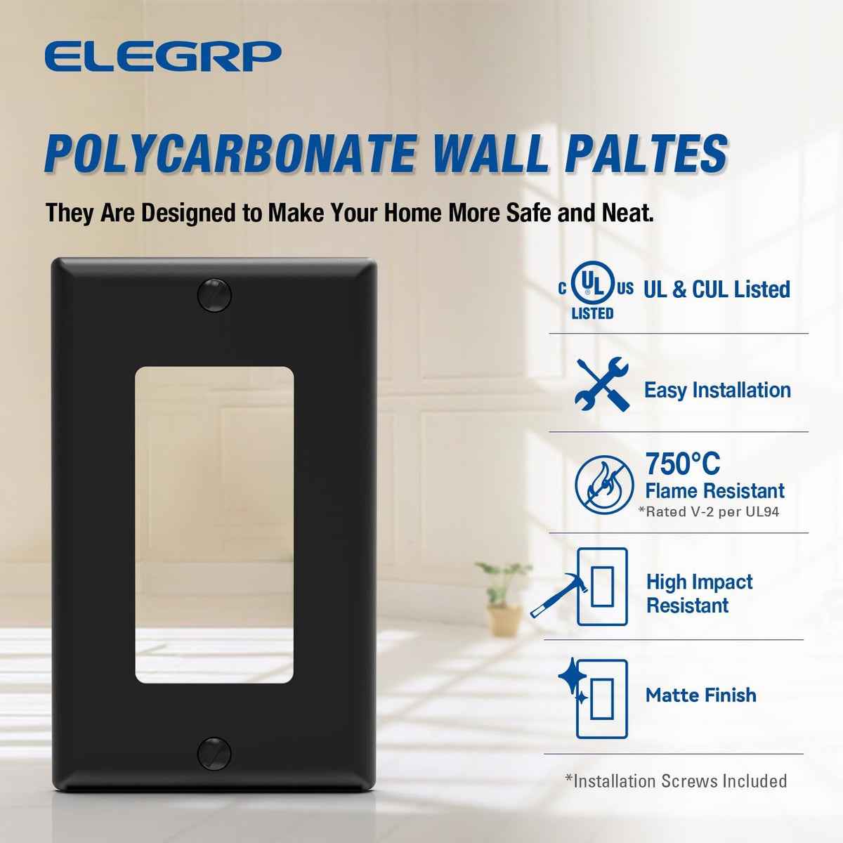ELEGRP Decorative Receptacle Wall Plate, 1-Gang Standard Size Decorator Covers, Unbreakable Polycarbonate Faceplates