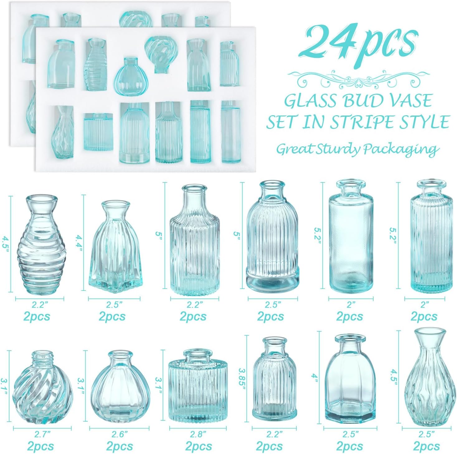 Glass Vase / Modern Ribbed Glass Bud Vase Wedding Flower Vase / Blue / 2 Packs