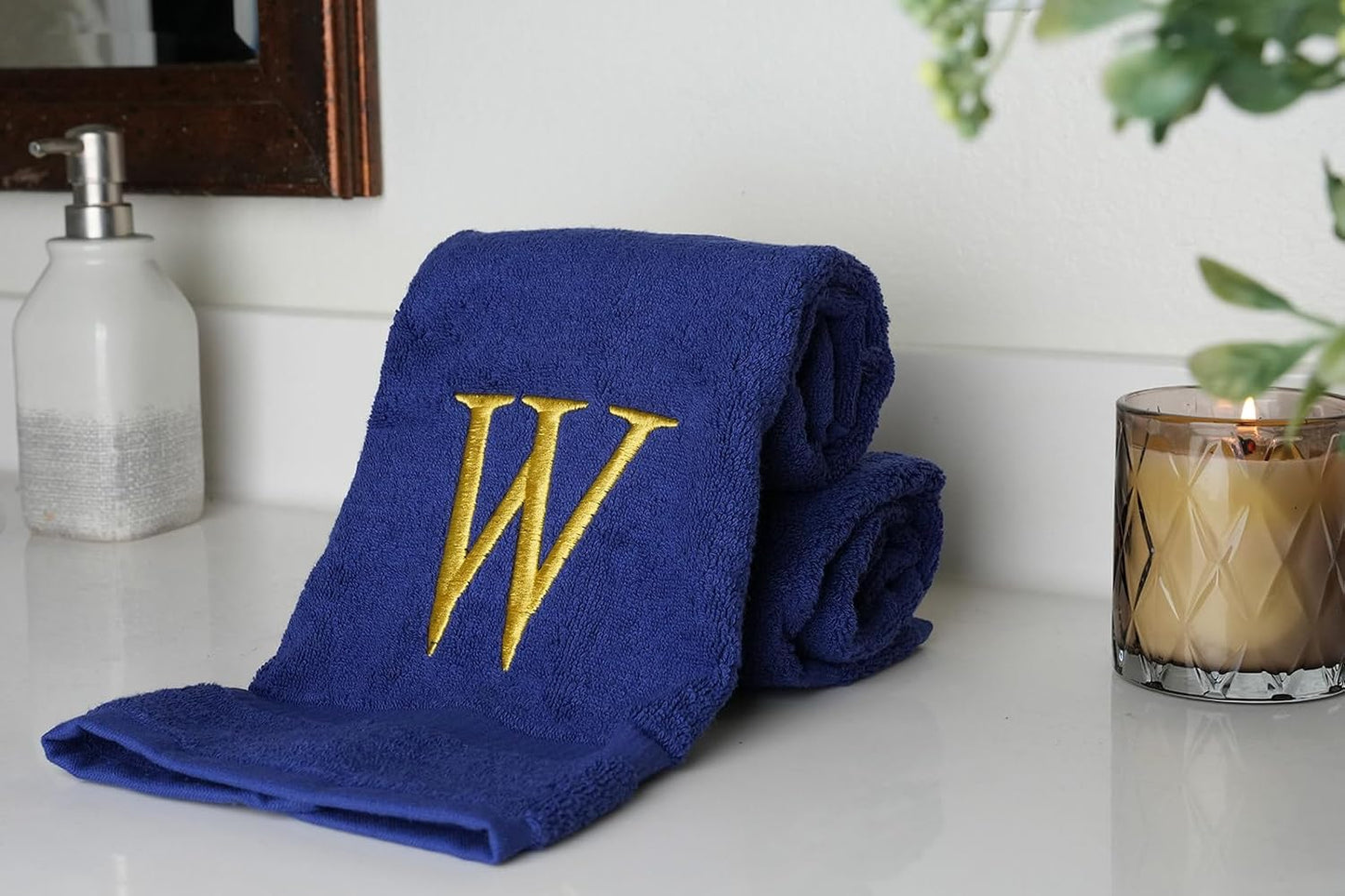 Navy with Gold Monogrammed Hand Towels for Bathroom - Set of 2 Letter W | Luxury Hotel Quality Initial Towels For