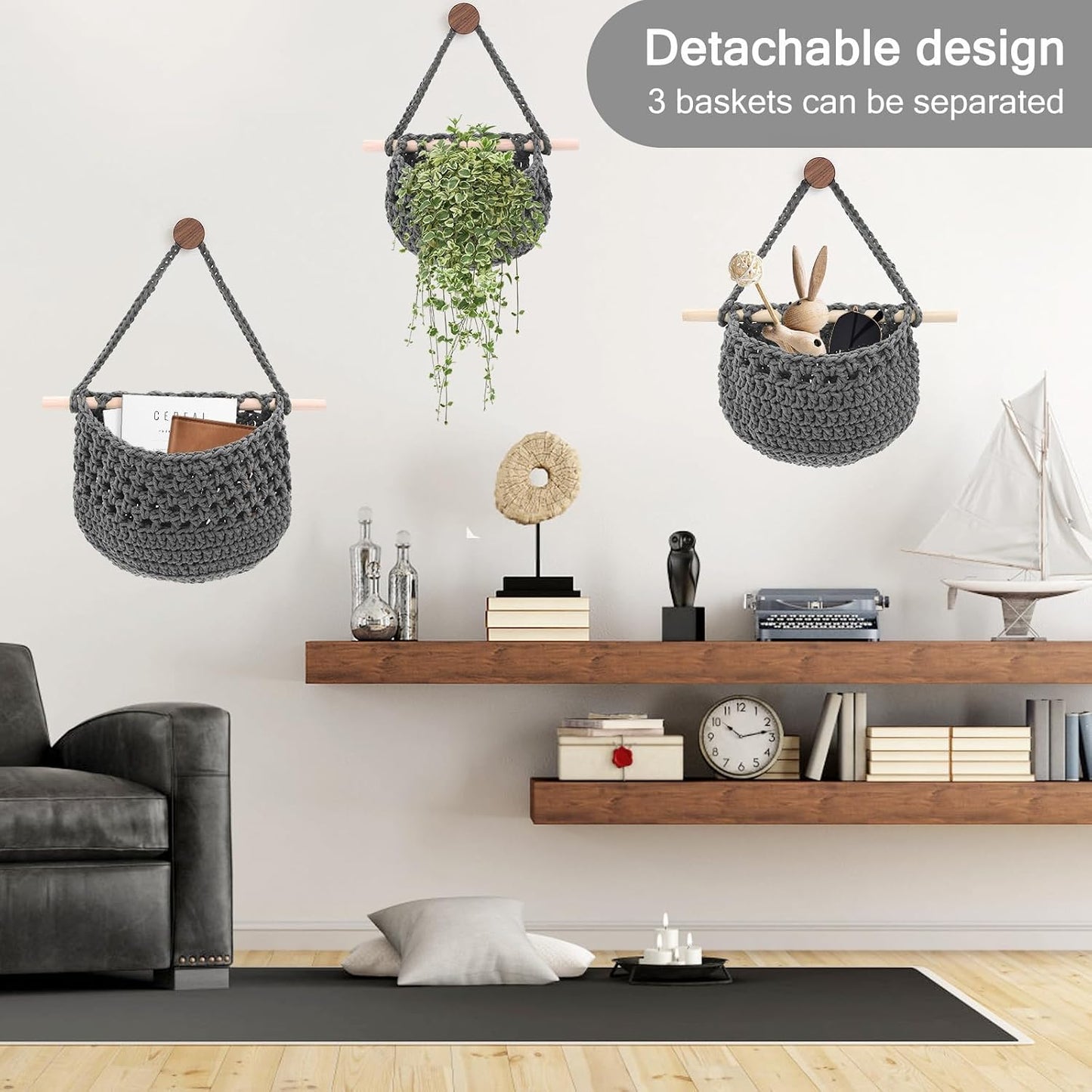 Boho Wall Baskets / Grey-cotton