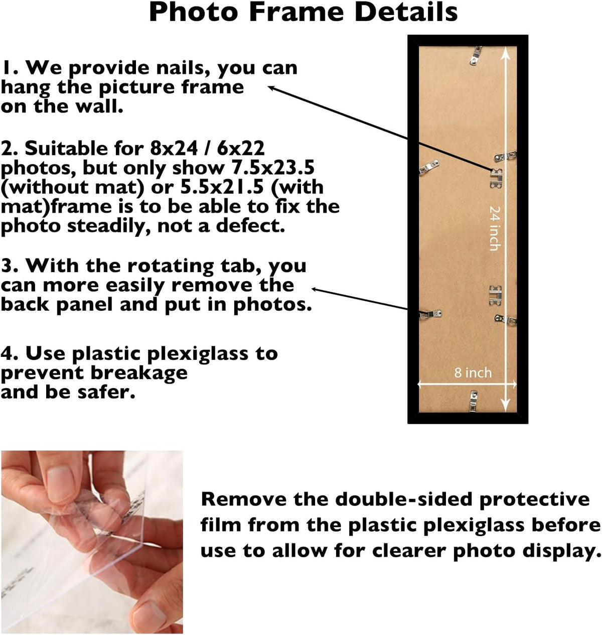 JCJMY 8x24 Picture Frame Set of 4 with 6x22 Mat, Panoramic Picture Frame Display Photo 6x22 with Mat or 8 x 24 Without