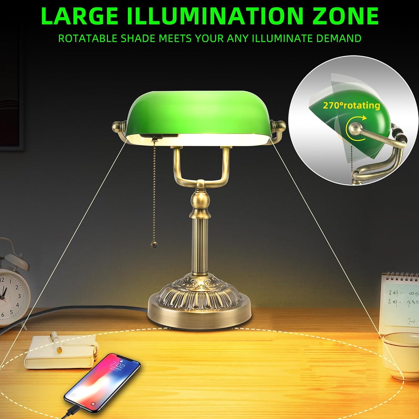 Bankers Desk Lamp with USB-A Charging Port, Vintage Desk Lamps with Pull Chain Green Glass, Antique Brass Banker's Lamp