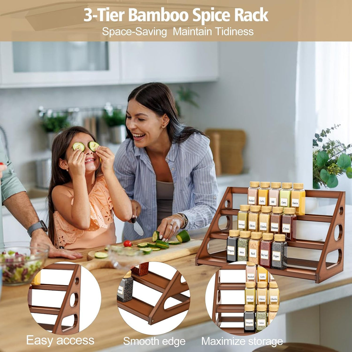 Spice Rack - Bamboo Wood Spice Rack Organization for Cabinet/Countertop - Brown
