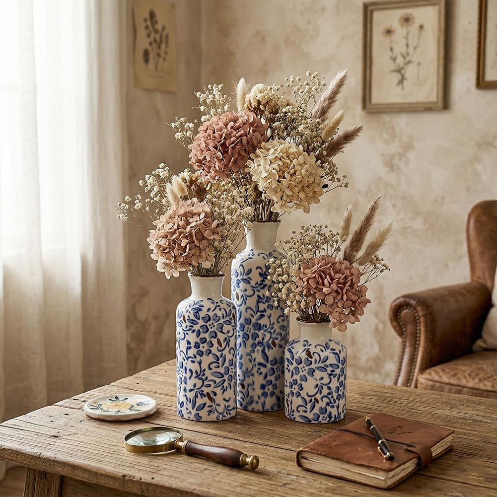 Chinoiserie Decor Ceramic Vases Set / Blue Floral