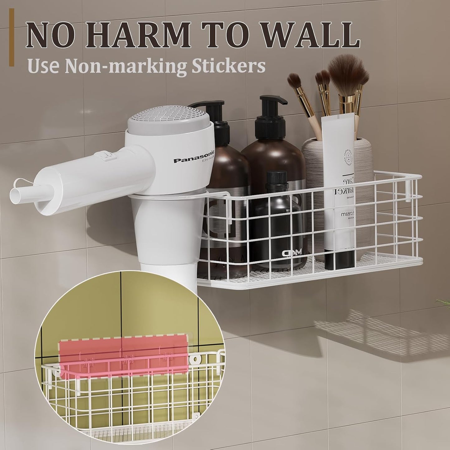 Wall-Mounted Hair Dryer Holder Styling Tool Organizer 4-Shelf Storage Wire Basket with Hook Heat Safe Rack for